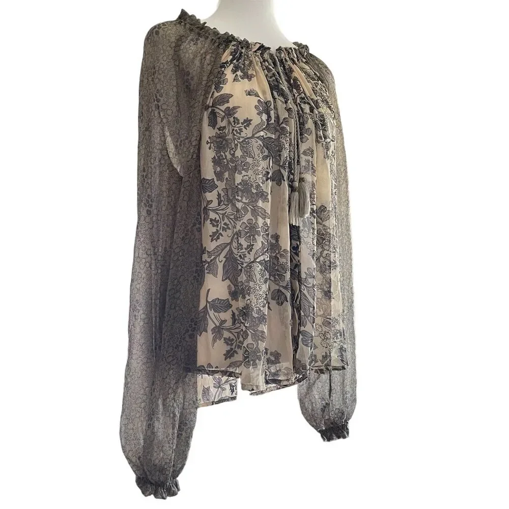 Free People Hendrix Blouse Peasant SemiSheer Boho Festival SIZE XS Floral Tassel